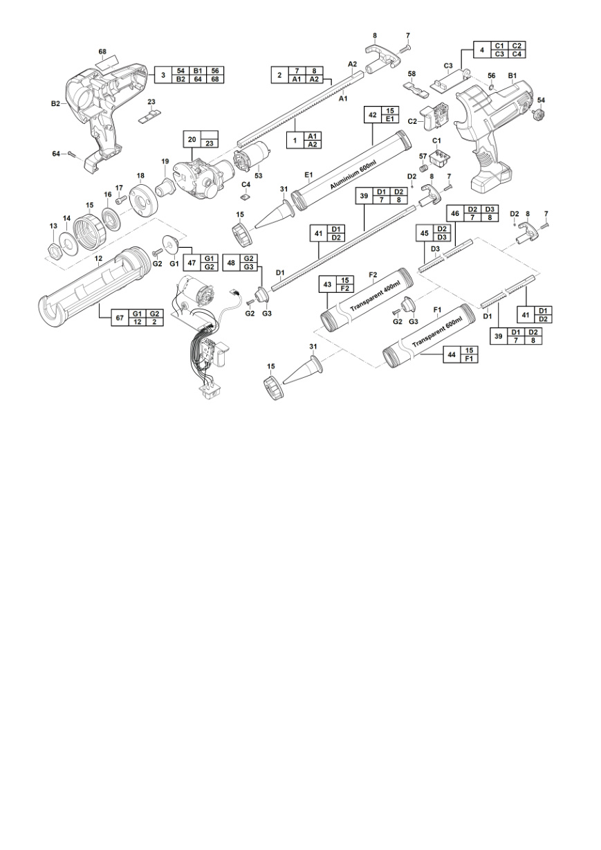 Взрыв-схема Пистолет для герметика или смазки Milwaukee C18PCG310201B