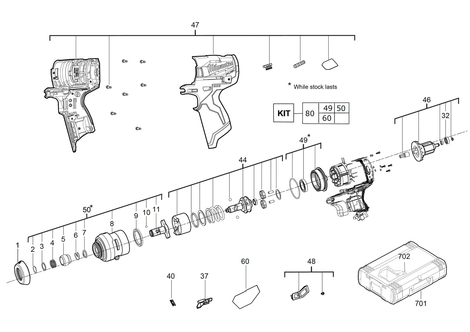 Взрыв-схема Импульсный винтовёрт Milwaukee M12FID-0
