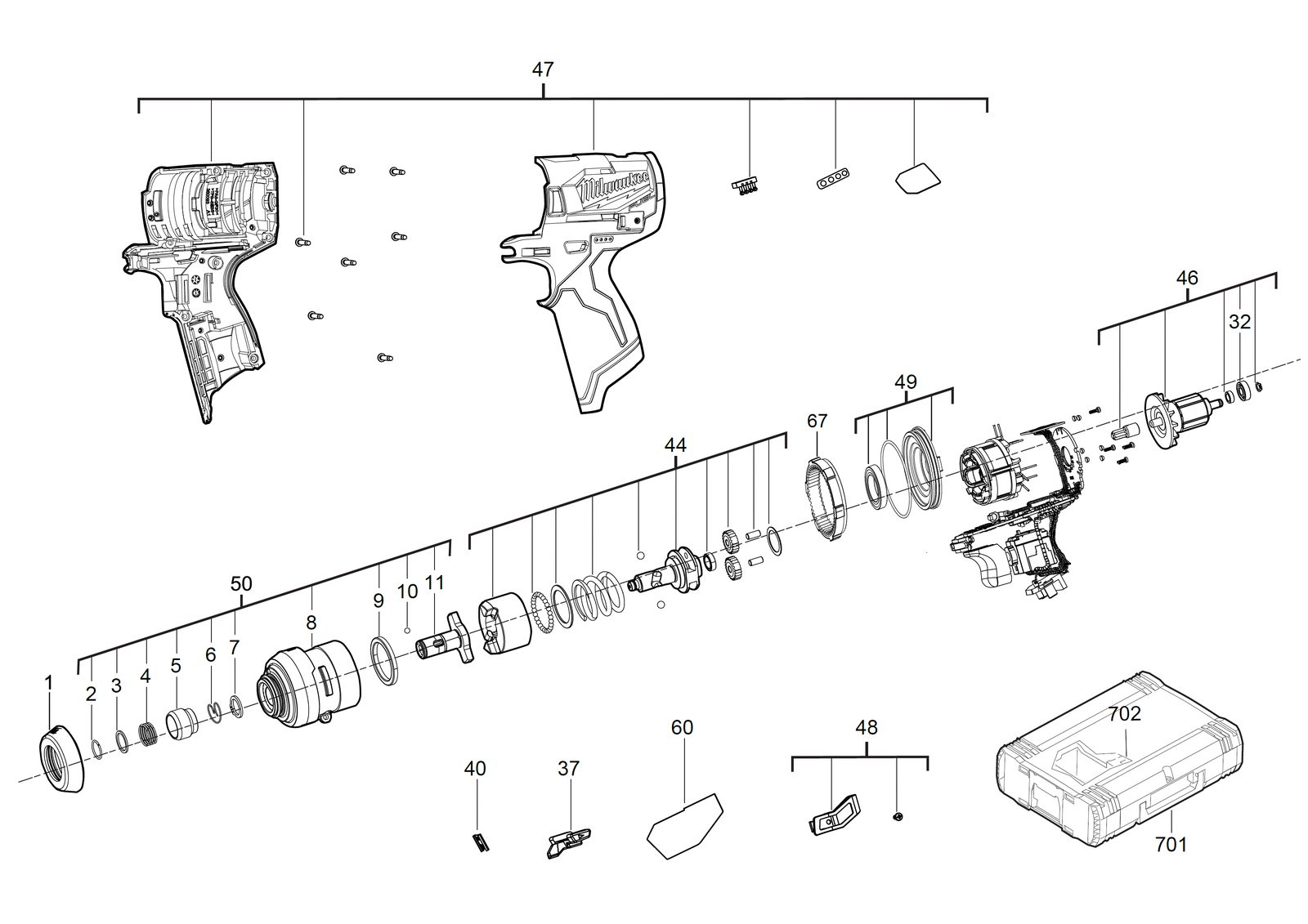 Взрыв-схема Импульсный винтовёрт Milwaukee M12FID-0