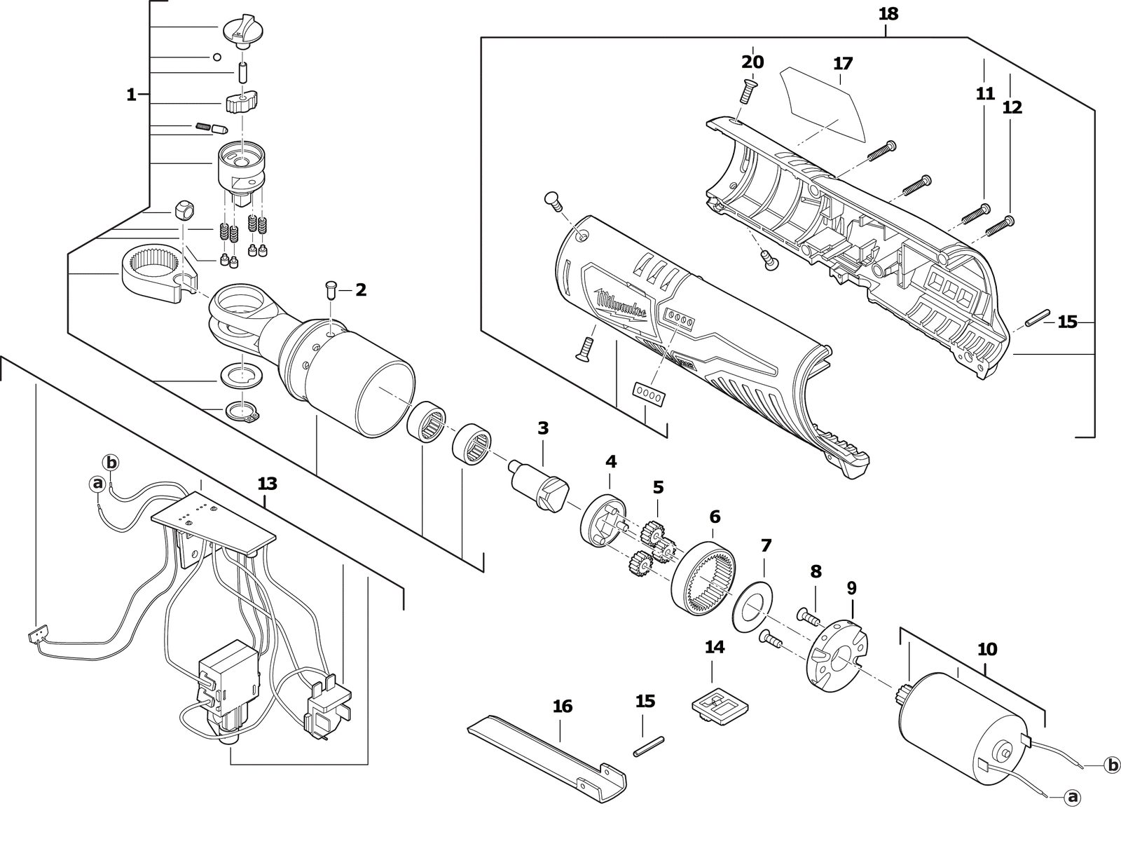 Взрыв-схема Гайковёрт Milwaukee M12IR-201B 1/4 IN2