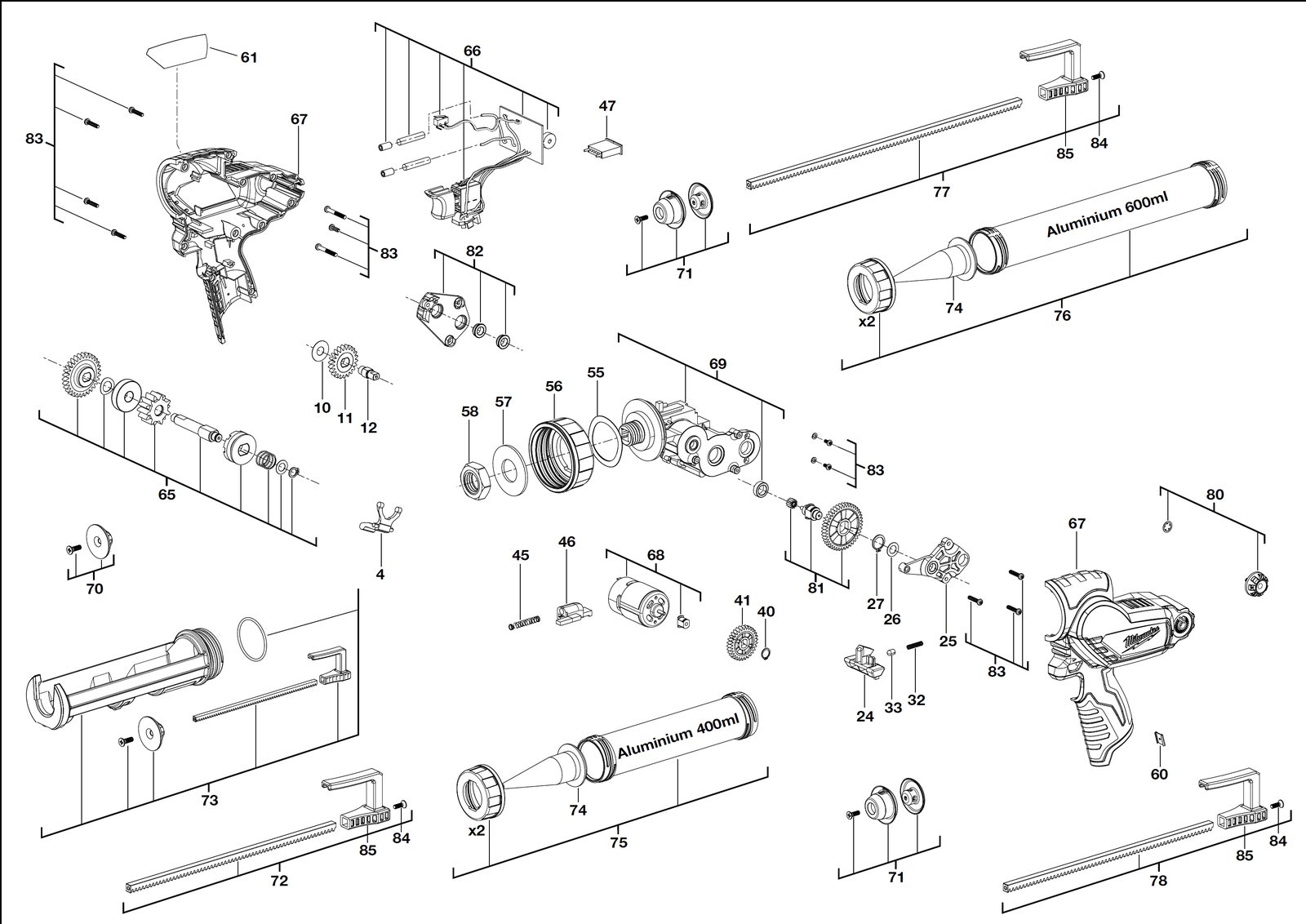 Взрыв-схема Пистолет для герметика или смазки Milwaukee M12PCG/600A-0