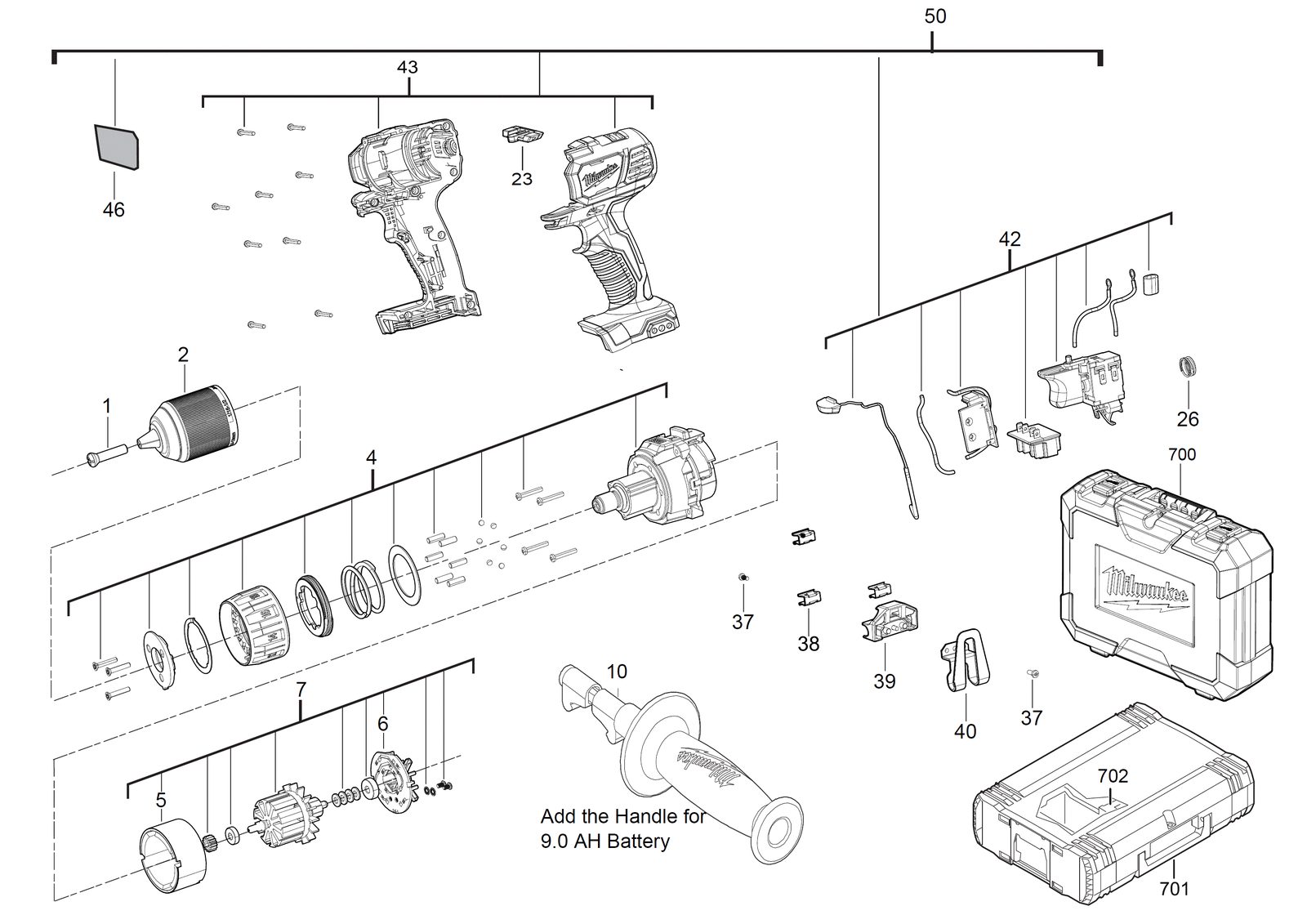 Взрыв-схема Дрель-шуруповёрт Milwaukee M18BDD-202C