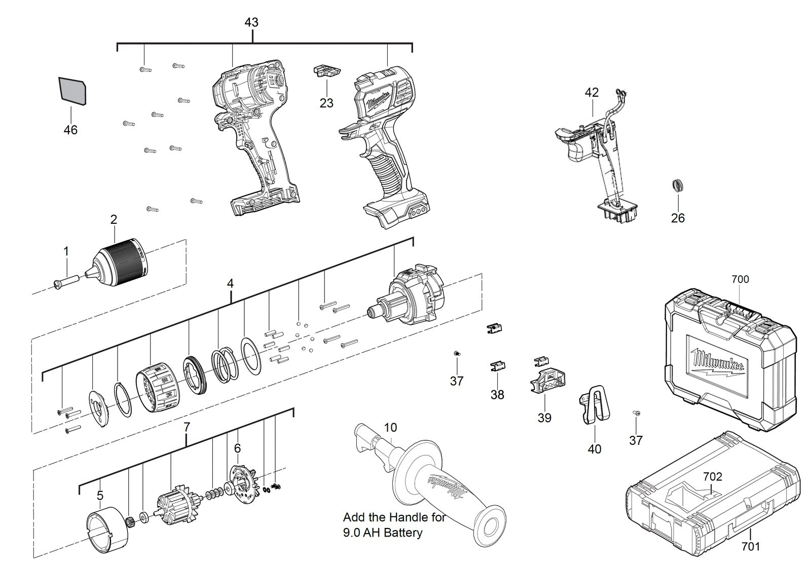 Взрыв-схема Дрель-шуруповёрт Milwaukee M18BDD-202C