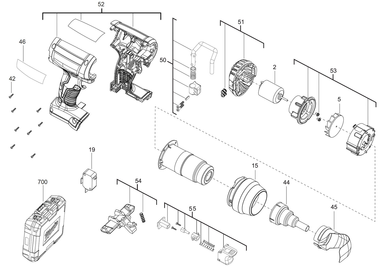 Взрыв-схема Садовый инструмент Milwaukee M18BHG-0
