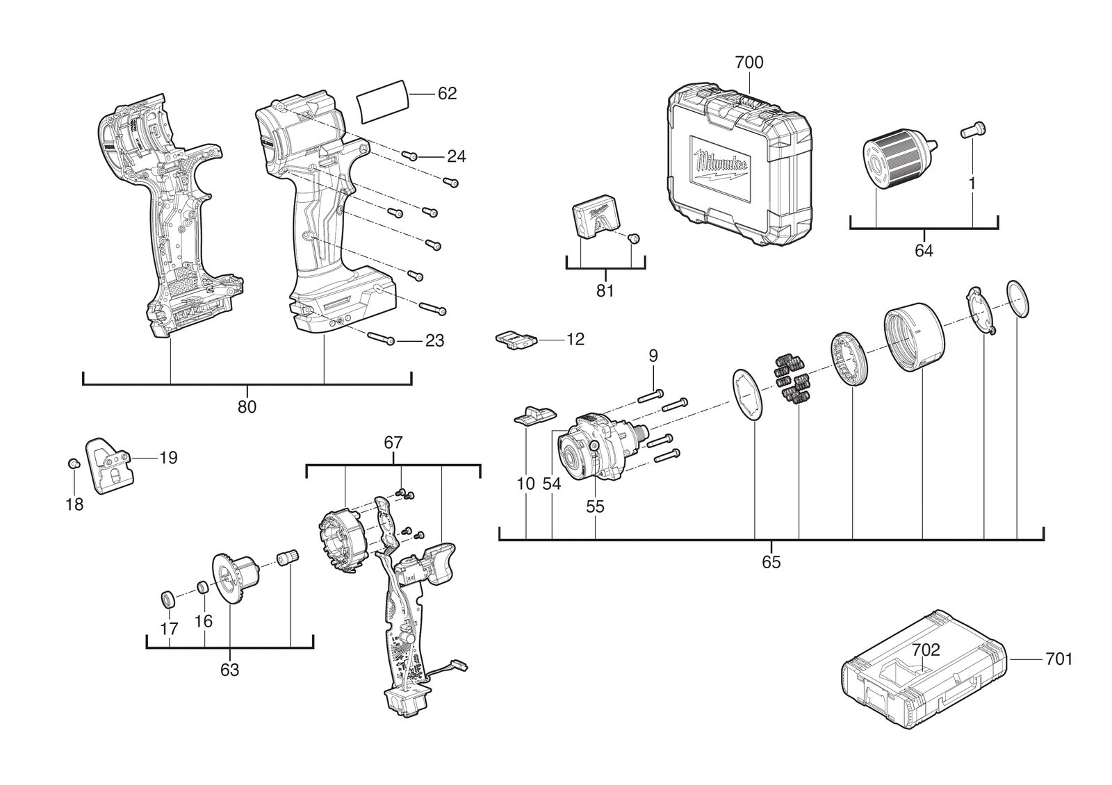 Взрыв-схема Дрель-шуруповёрт Milwaukee M18BLDDRC-502C