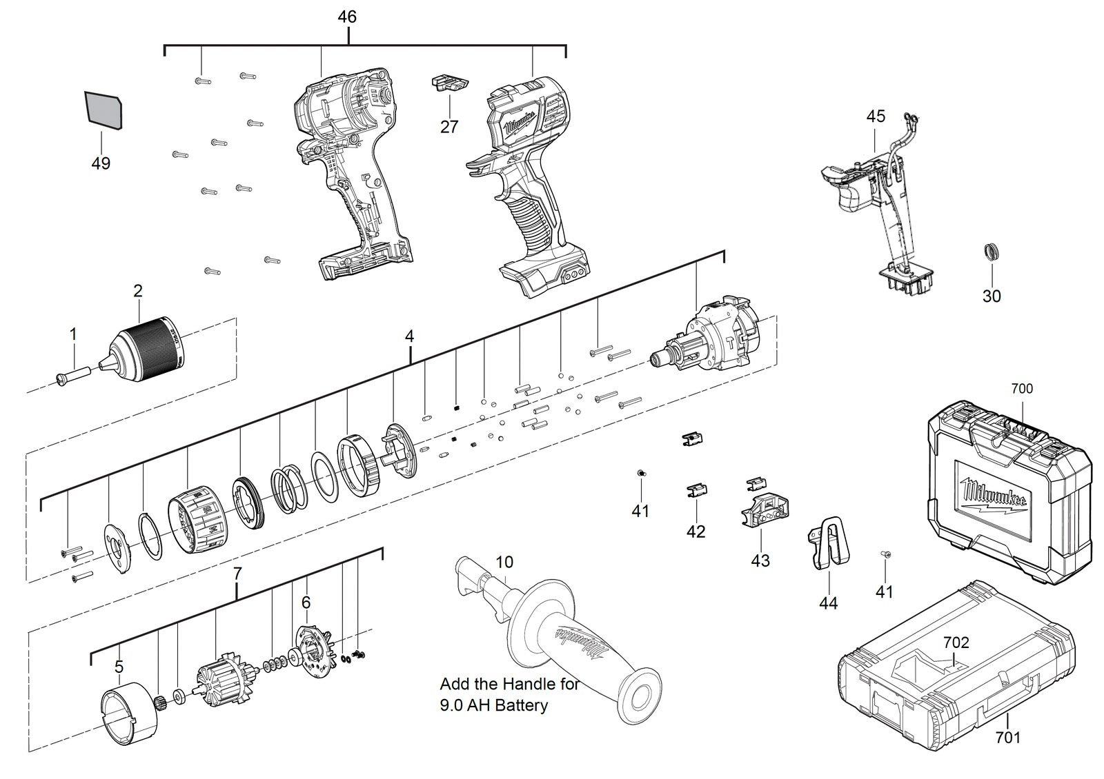 Взрыв-схема Дрель-шуруповёрт Milwaukee M18BPD-402C