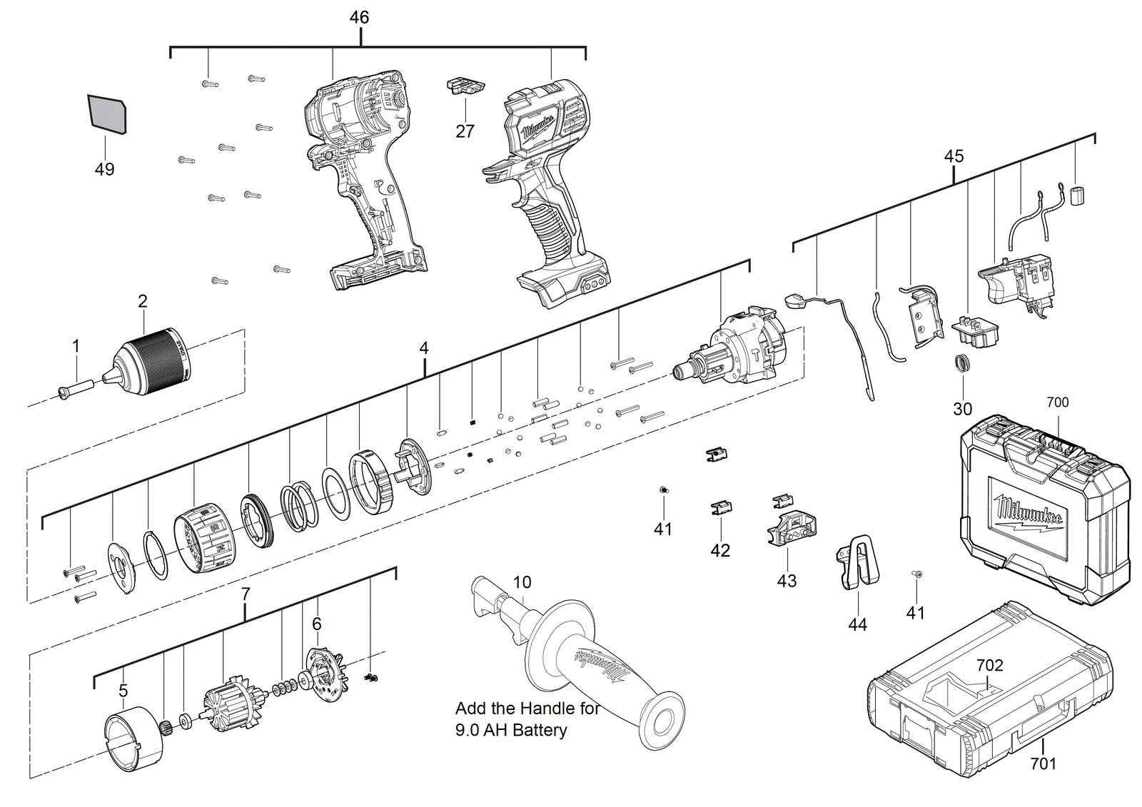 Взрыв-схема Дрель-шуруповёрт Milwaukee M18BPDN-402C