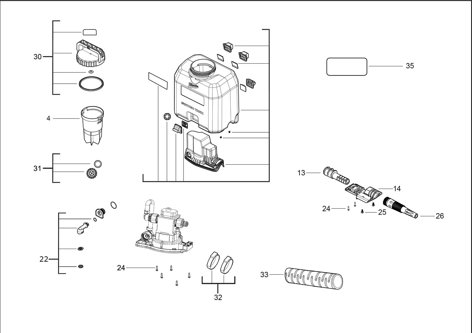Взрыв-схема Садовый инструмент Milwaukee M18BPFP-WST