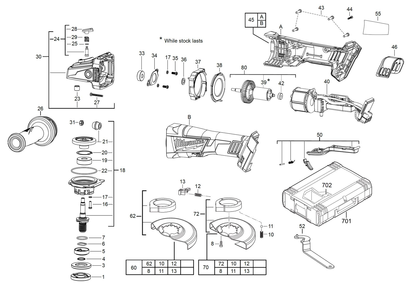 Взрыв-схема Угловая шлифовальная машина Milwaukee M18CAG125XPD-0