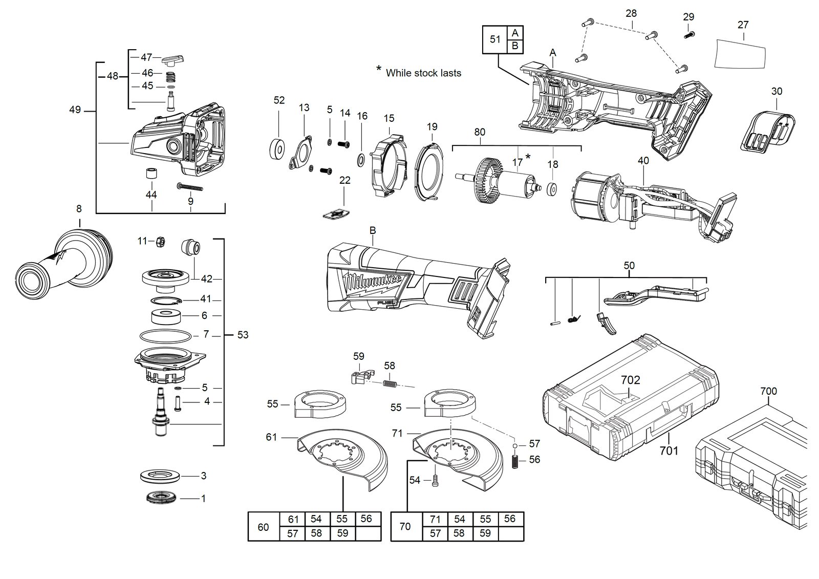 Взрыв-схема Угловая шлифовальная машина Milwaukee M18CAG125XPDB-0