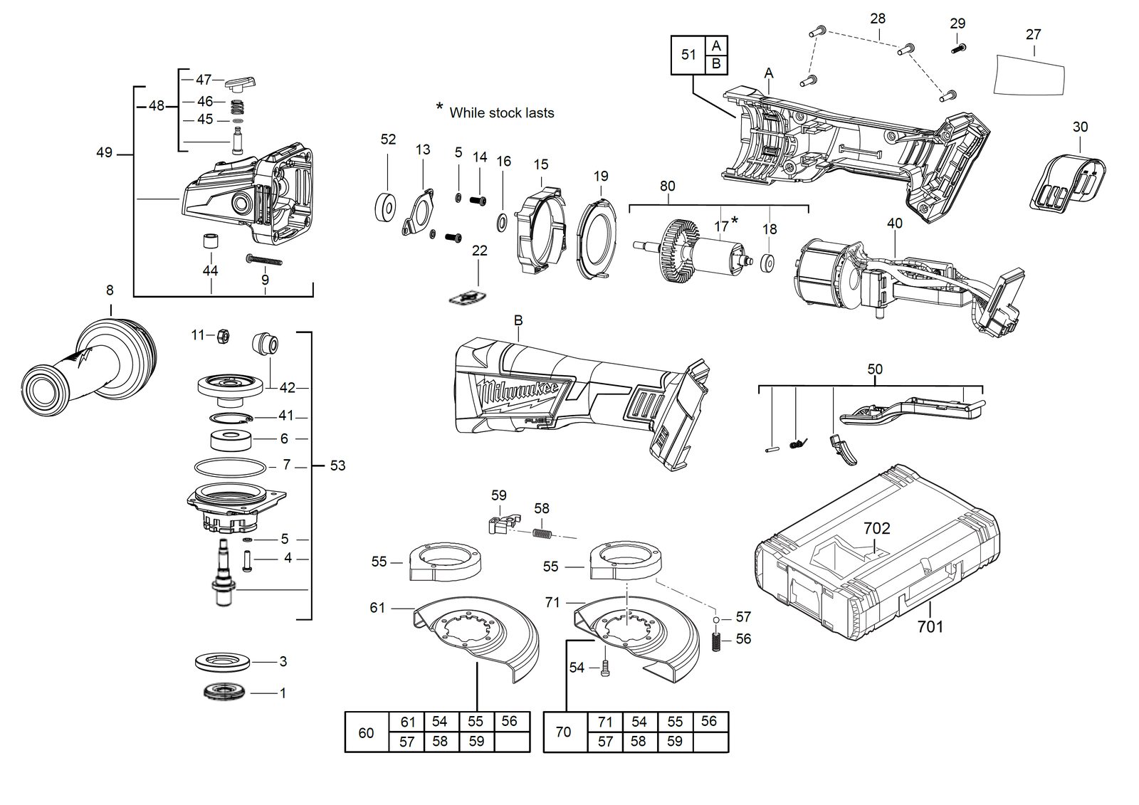 Взрыв-схема Угловая шлифовальная машина Milwaukee M18CAG125XPDB-0