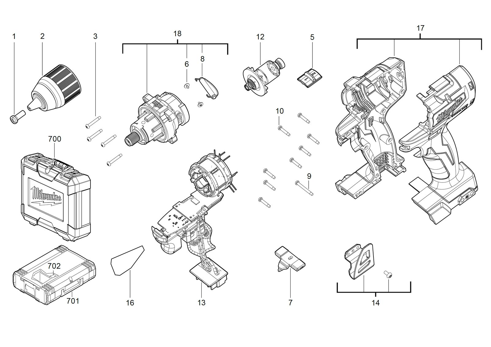 Взрыв-схема Дрель-шуруповёрт Milwaukee M18CBLDD-502C