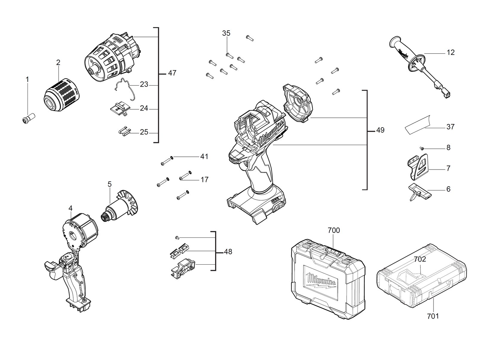 Взрыв-схема Дрель-шуруповёрт Milwaukee M18FDD-0X