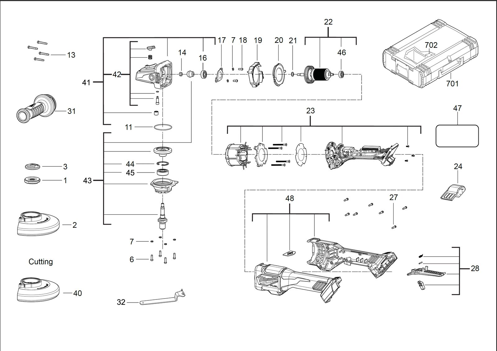 Взрыв-схема Угловая шлифовальная машина Milwaukee M18FHSAG125XPDB-0