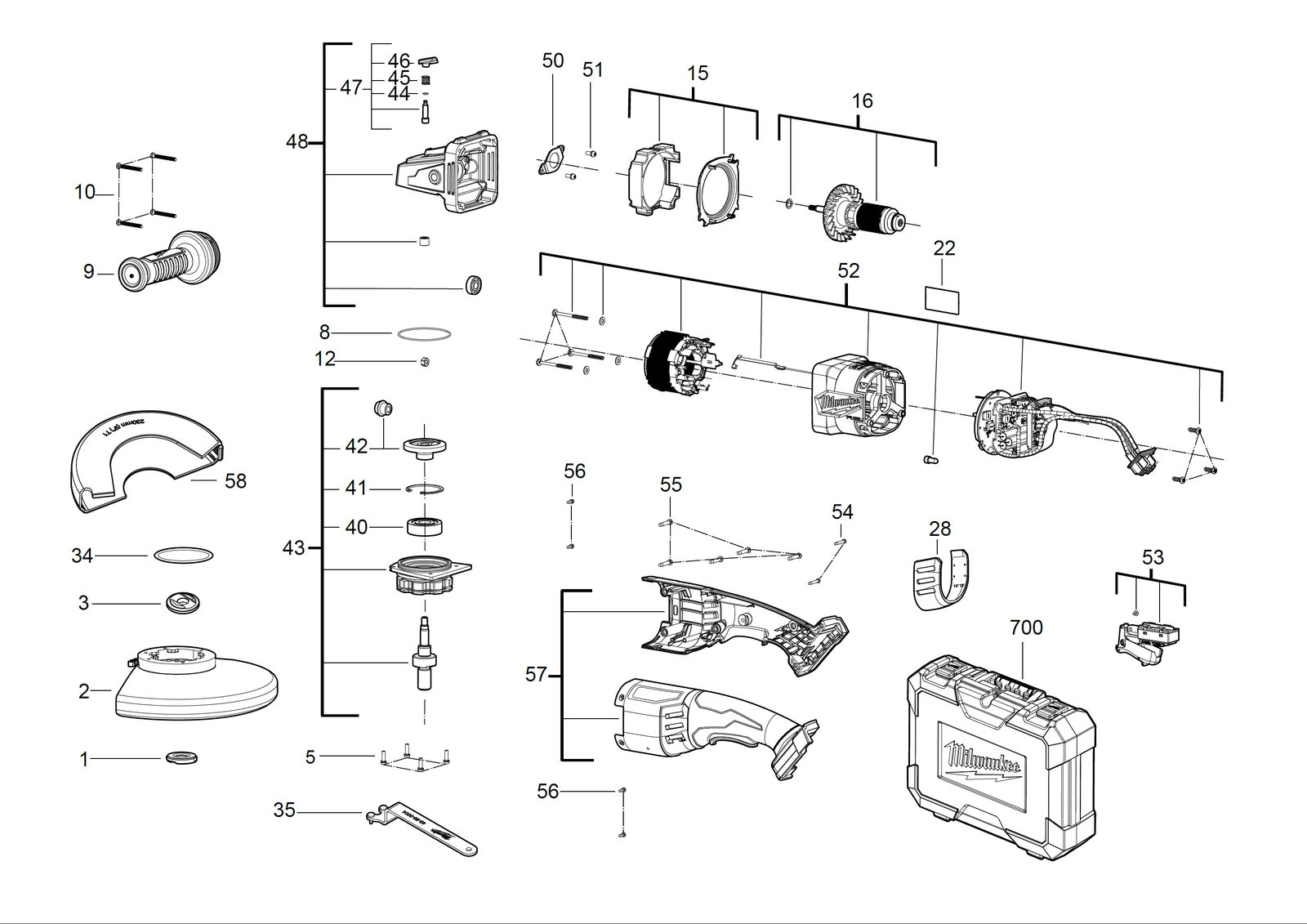 Взрыв-схема Угловая шлифовальная машина Milwaukee M18FLAG230XPDB-0