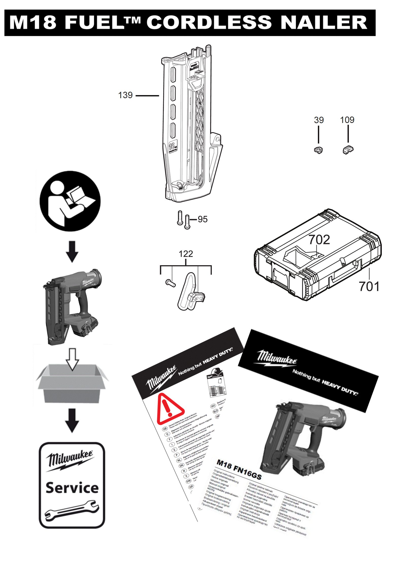 Взрыв-схема Гвоздезабиватель или степлер Milwaukee M18FN16GS-0X