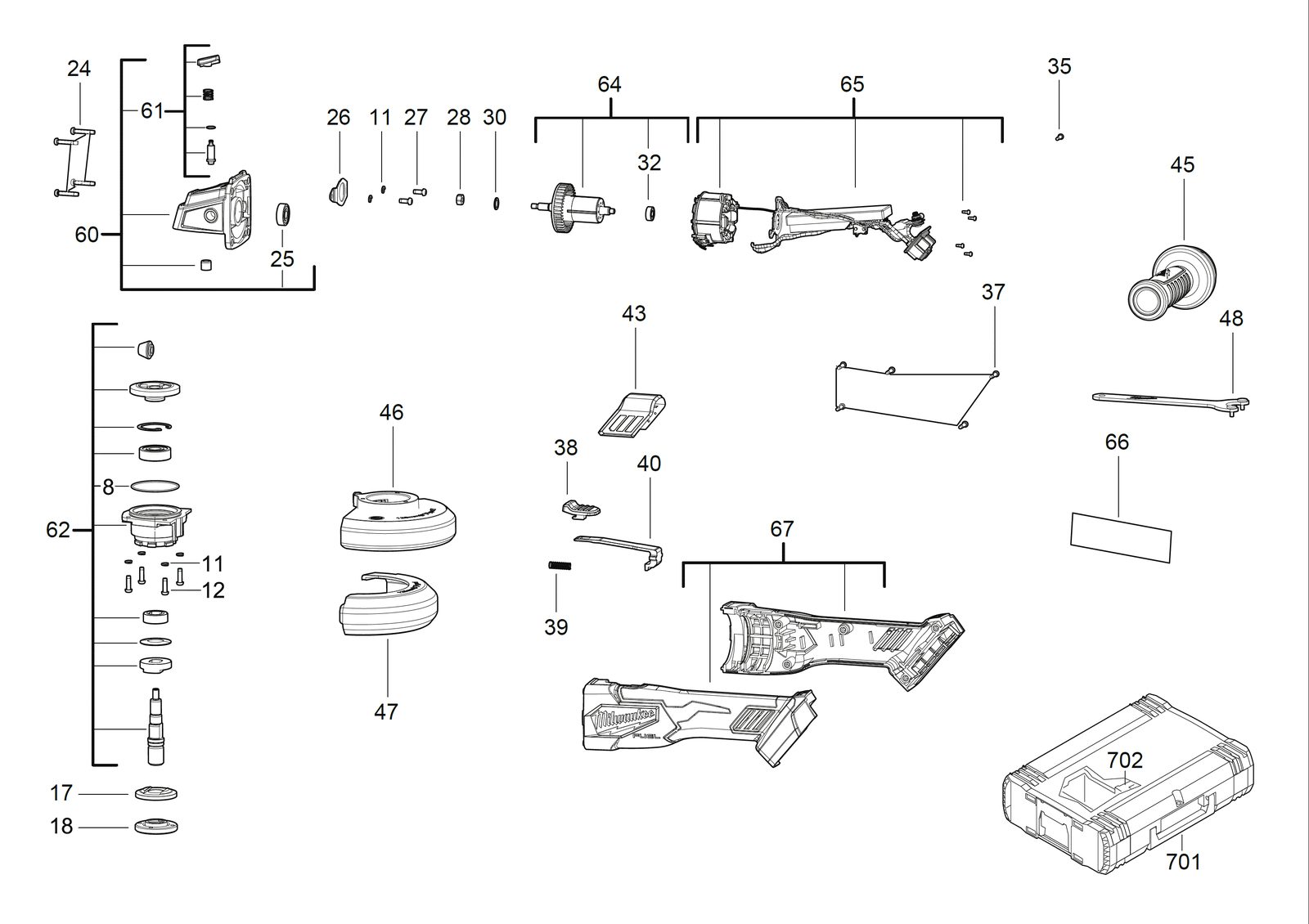 Взрыв-схема Угловая шлифовальная машина Milwaukee M18FSAG125X-0X