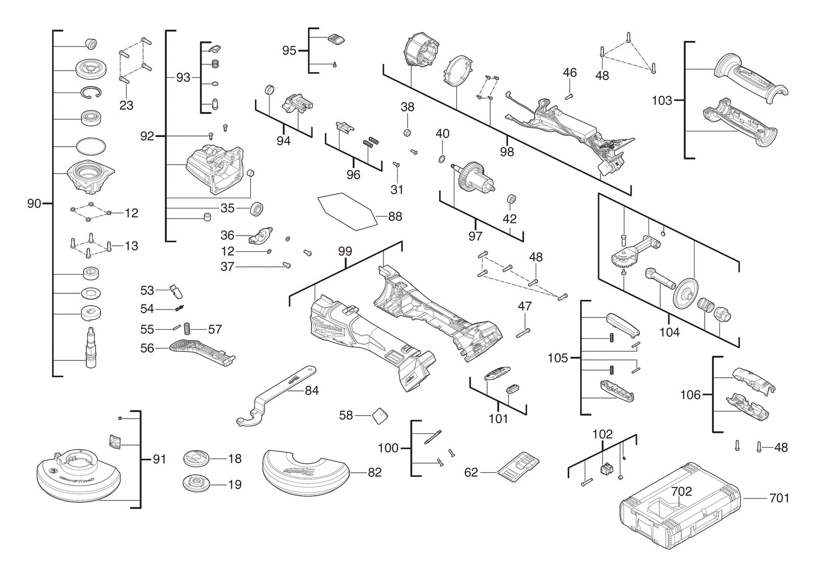 Взрыв-схема Угловая шлифовальная машина Milwaukee M18FSAGSVO125X-0X