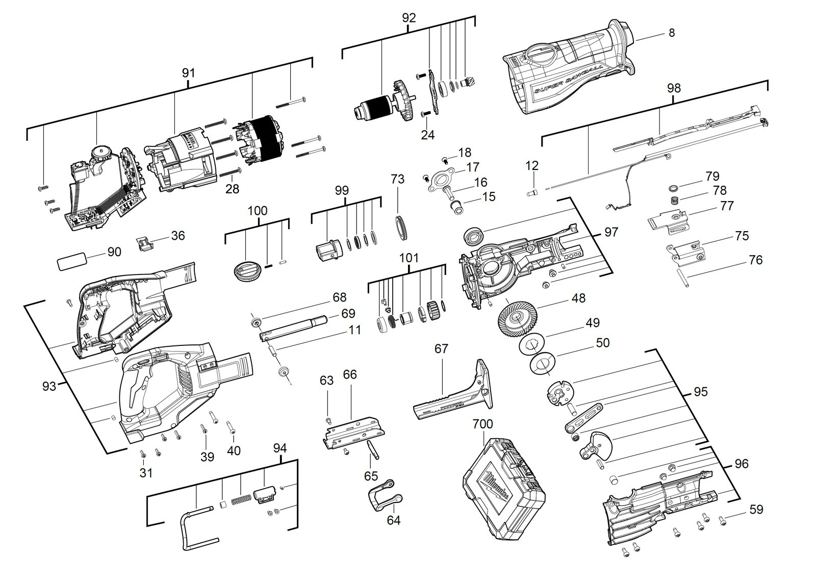 Взрыв-схема Пила Milwaukee M18FSX-801C