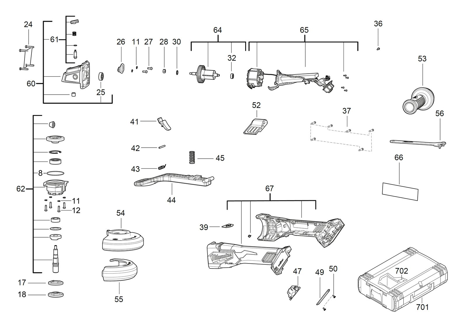 Взрыв-схема Угловая шлифовальная машина Milwaukee M18ONEFSAG115XPDB-502XUK
